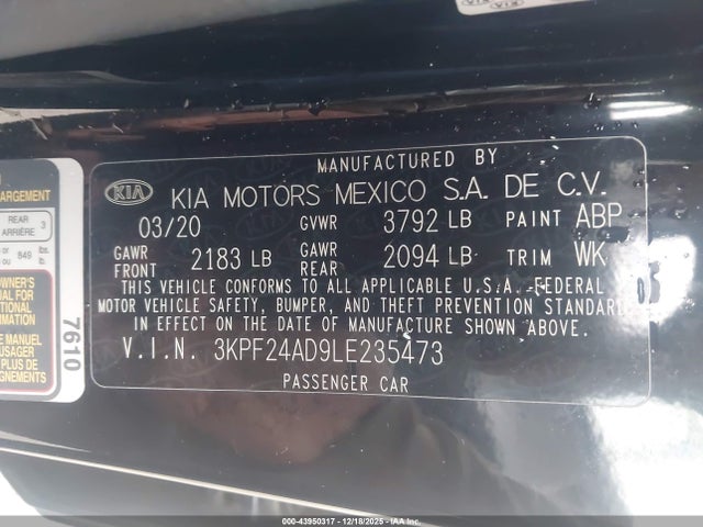 Aukcja sprzedaży 2020 Kia Forte Lxs, vin: 3KPF24AD9LE235473, numer aukcji: 43950317