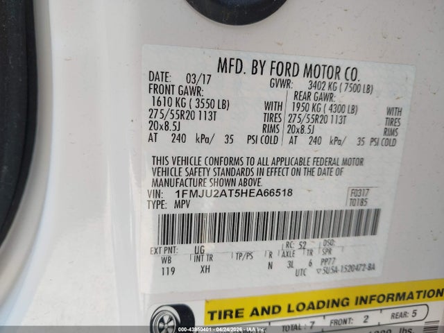 Aukcja sprzedaży 2017 Ford Expedition Limited, vin: 1FMJU2AT5HEA66518, numer aukcji: 43950401