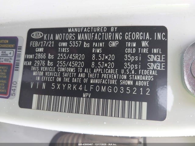 5XYRK4LF0MG035212 KIA SORENTO SX