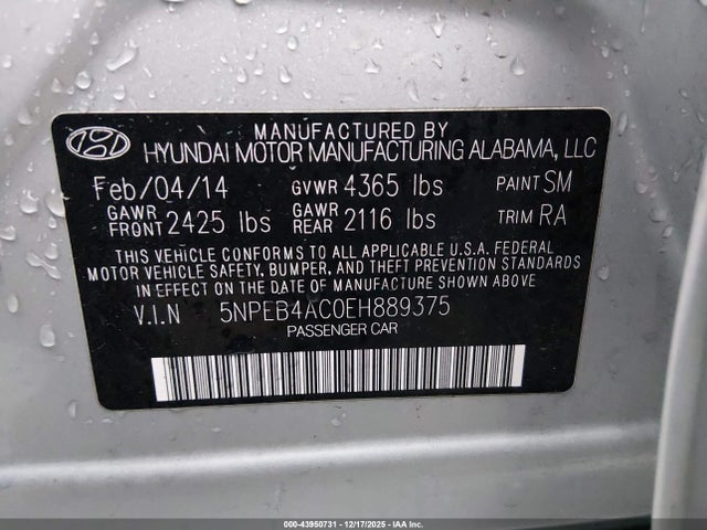 Продаж на аукціоні авто 2014 Hyundai Sonata Gls, vin: 5NPEB4AC0EH889375, номер лоту: 43950731