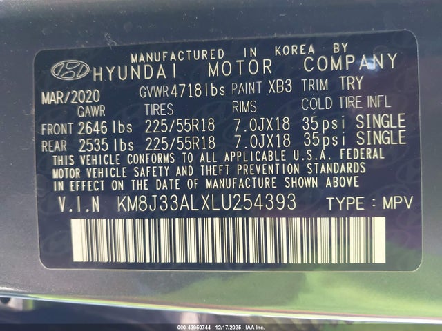 KM8J33ALXLU254393 Hyundai Tucson Ultimate