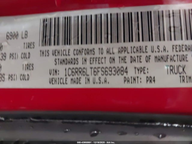 2015 Ram 1500 Big Horn მანქანა იყიდება აუქციონზე, vin: 1C6RR6LT6FS693084, აუქციონის ნომერი: 43950991