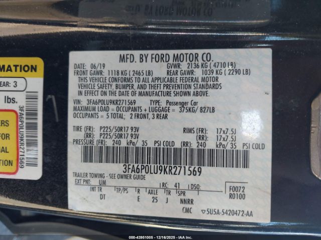 2019 FORD FUSION HYBRID 3FA6P0LU9KR271569 Photo 8