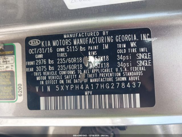 2017 KIA SORENTO 5XYPH4A17HG278437 Photo 8