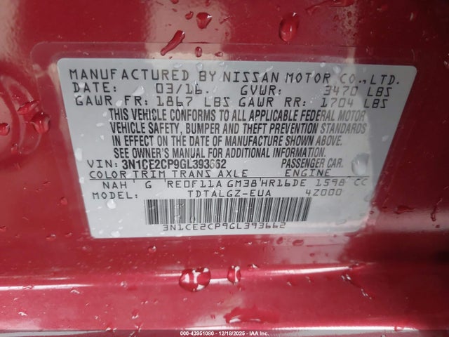 3N1CE2CP9GL393662 Nissan Versa Note Sr