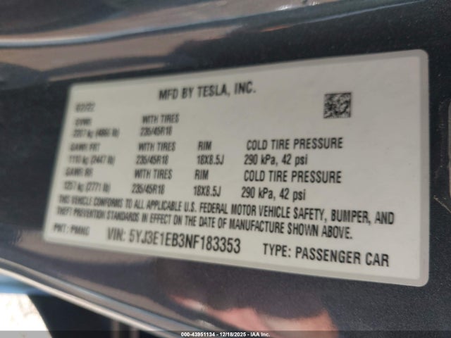 2022 TESLA MODEL 3 5YJ3E1EB3NF183353 Photo 8