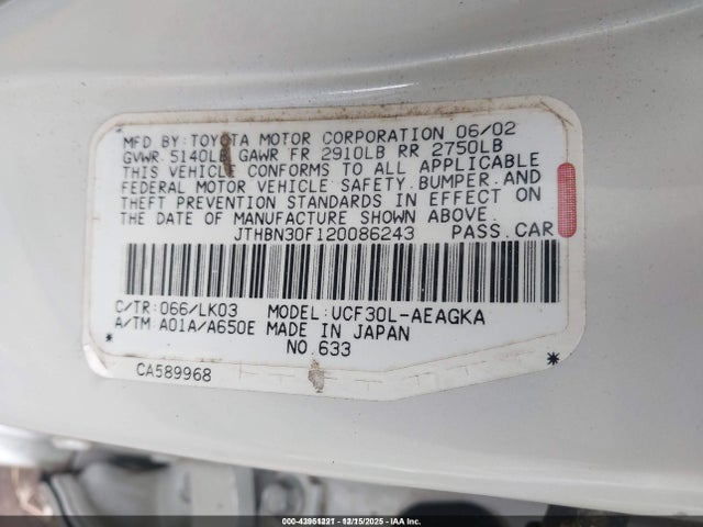 Aukcja sprzedaży 2002 Lexus Ls 430, vin: JTHBN30F120086243, numer aukcji: 43951221