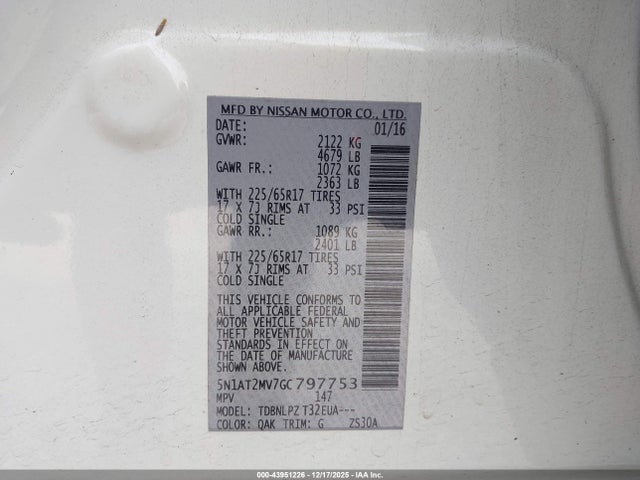 5N1AT2MV7GC797753 Nissan Rogue S/sl/sv