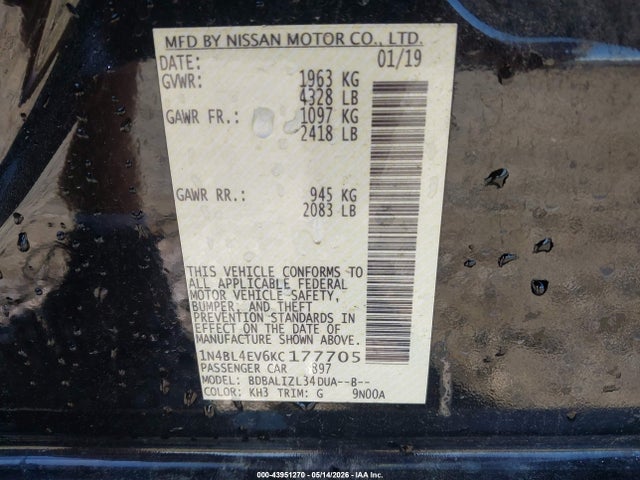 Aukcja sprzedaży 2019 Nissan Altima 2.5 Sl, vin: 1N4BL4EV6KC177705, numer aukcji: 43951270