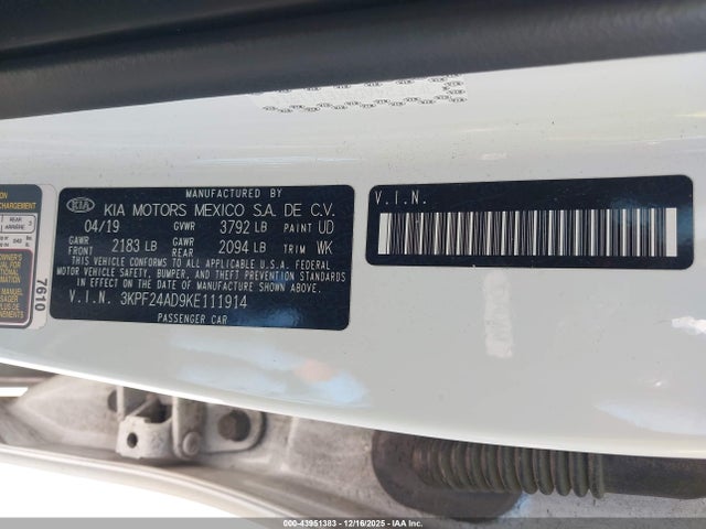3KPF24AD9KE111914 KIA Forte Lxs