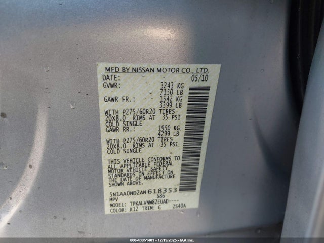 43951401 :رقم المزاد ، 5N1AA0ND2AN618353 vin ، 2010 Nissan Armada Titanium مزاد بيع