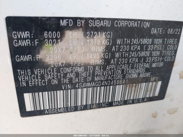 2022 SUBARU ASCENT 4S4WMAGD4N3458641 Photo 8