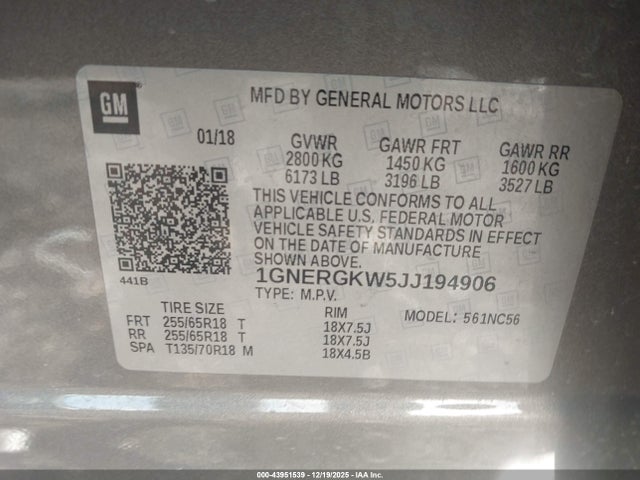 1GNERGKW5JJ194906 Chevrolet Traverse 1lt