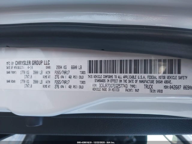 43951619 :رقم المزاد ، 3C6JR7DG7EG257743 vin ، 2014 Ram 1500 Tradesman مزاد بيع