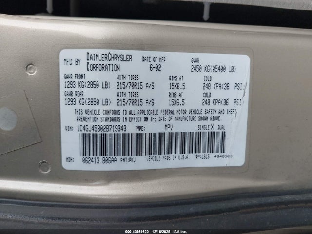 2002 CHRYSLER VOYAGER 1C4GJ45302B719343 Photo 8