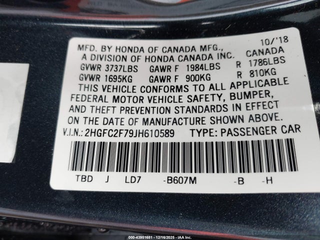 Honda CIVIC EX 2018 2HGFC2F79JH610589 Image 9