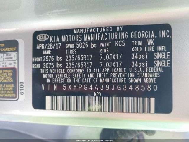 2018 KIA SORENTO 5XYPG4A39JG348580 Photo 8