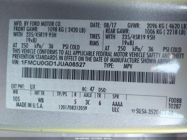 1FMCU0GD1JUA08527 Ford ESCAPE SE