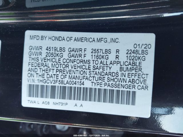 2020 HONDA ACCORD HYBRID 1HGCV3F58LA004154 Photo 8