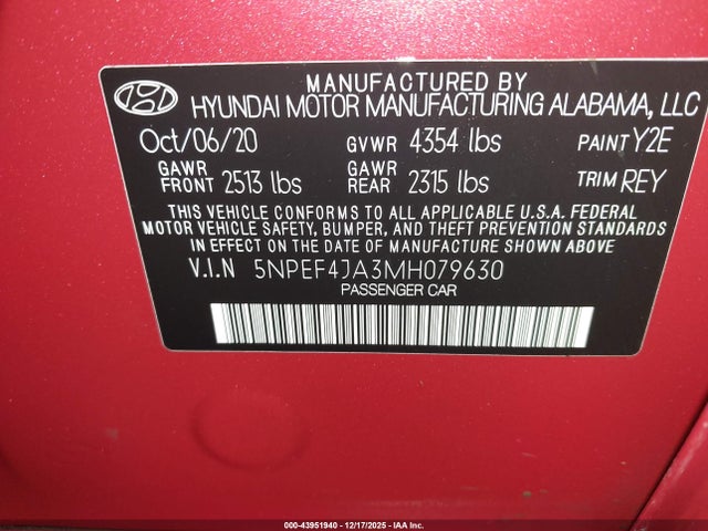 5NPEF4JA3MH079630 Hyundai SONATA SEL