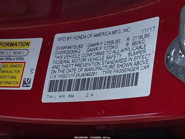 1HGCV1F3XJA046261 Honda Accord Sport