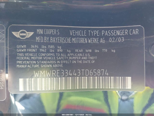 2003 MINI COOPER S WMWRE33443TD65874 Photo 8