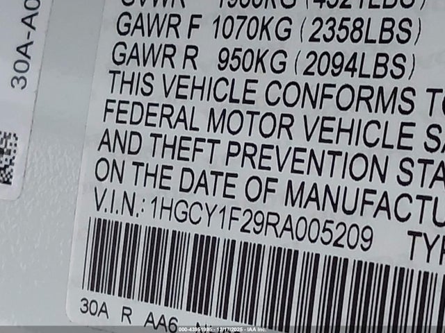 1HGCY1F29RA005209 Honda ACCORD LX