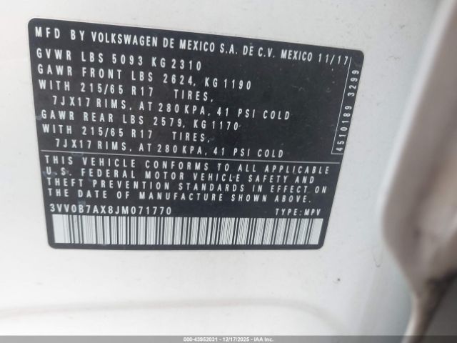 2018 VOLKSWAGEN TIGUAN 3VV0B7AX8JM071770 Photo 8