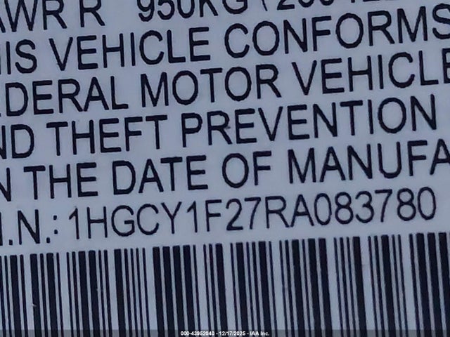 1HGCY1F27RA083780 Honda ACCORD LX