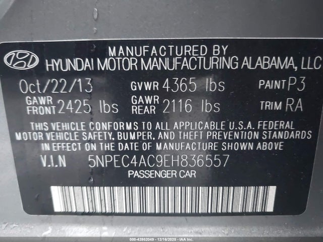 Hyundai Sonata Limited 2014 5NPEC4AC9EH836557 Image 9