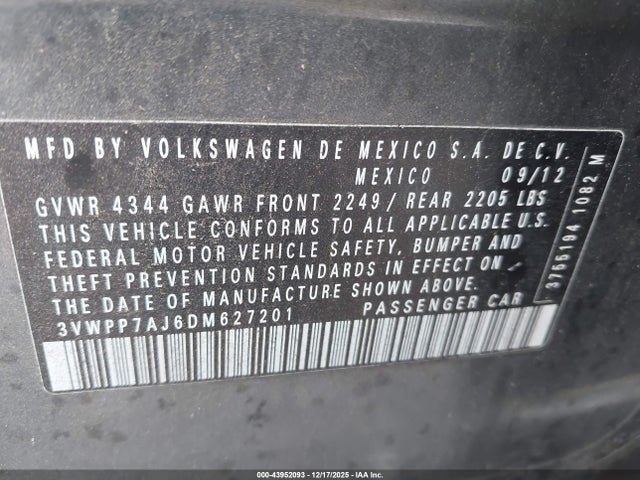 2013 Volkswagen Jetta Sportwagen 2.5l S მანქანა იყიდება აუქციონზე, vin: 3VWPP7AJ6DM627201, აუქციონის ნომერი: 43952093