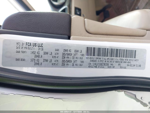 43952137 :رقم المزاد ، 1C4RJFCG9GC381596 vin ، 2016 Jeep Grand Cherokee Overland مزاد بيع