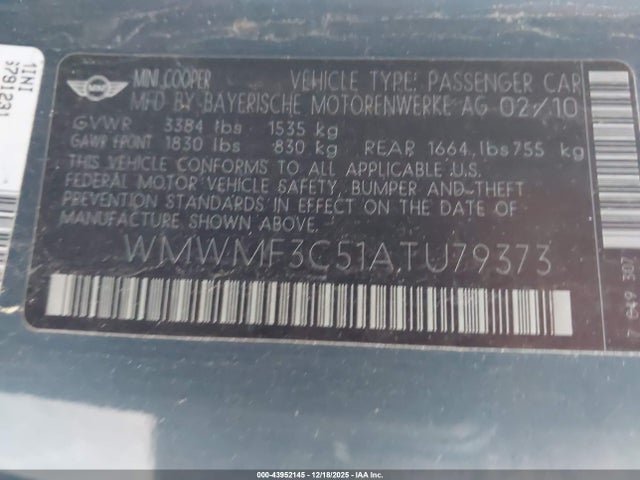 2010 MINI COOPER WMWMF3C51ATU79373 Photo 8
