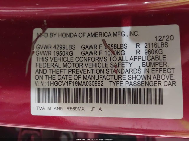 2021 HONDA ACCORD 1HGCV1F19MA030992 Photo 8