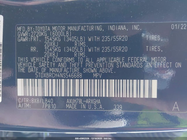 5TDXBRCH4NS546688 Toyota Highlander Hybrid Limited