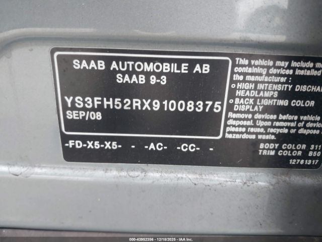2009 SAAB 9-3 YS3FH52RX91008375 Photo 8