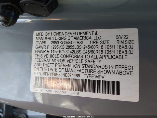 2022 HONDA PILOT 5FNYF6H89NB074489 Photo 8