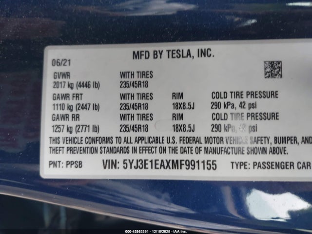 2021 TESLA MODEL 3 5YJ3E1EAXMF991155 Photo 8