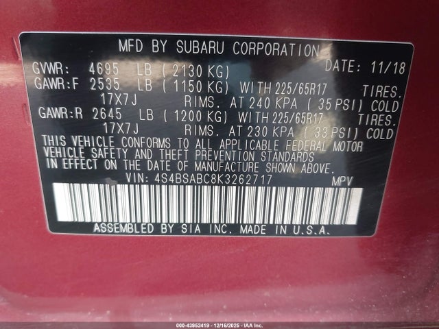 4S4BSABC8K3262717 Subaru Outback 2.5i