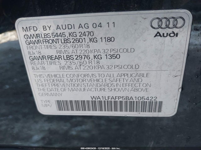 Aukcja sprzedaży 2011 Audi Q5 2.0t Premium, vin: WA1LFAFP5BA105422, numer aukcji: 43952439