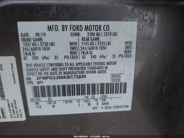 Ford EDGE SEL 2019 2FMPK3J96KBC72699 Image 9