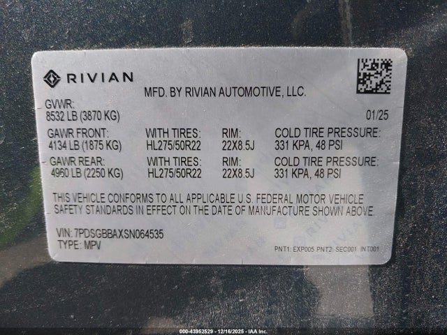 7PDSGBBAXSN064535 Rivian R1s Adventure Dual Motor Large Pack/adventure Dual Motor Max Pack