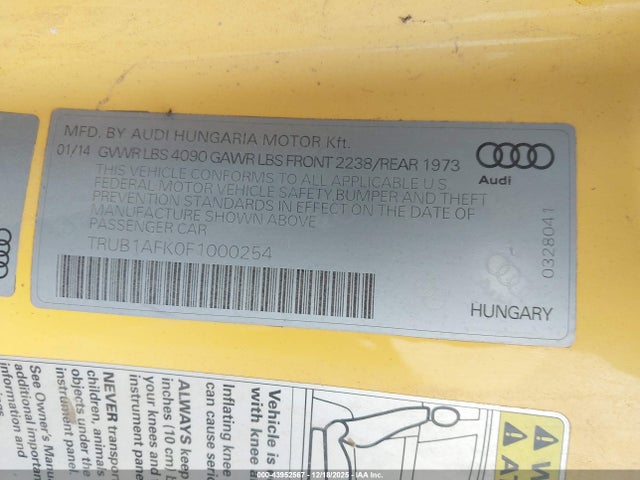 43952567 :رقم المزاد ، TRUB1AFK0F1000254 vin ، 2015 Audi Tts 2.0t مزاد بيع