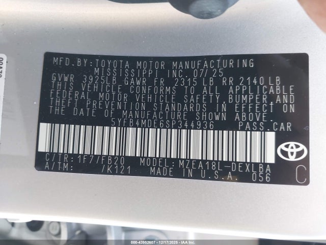 5YFB4MDE6SP344936 Toyota COROLLA LE