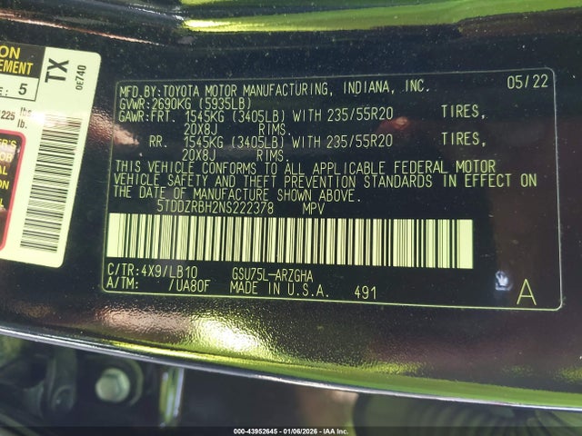 5TDDZRBH2NS222378 Toyota Highlander Limited