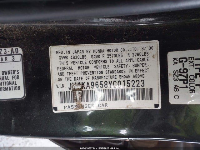Auction sale of the 2000 Acura Rl 3.5, vin: JH4KA9658YC015223, lot number: 43952734