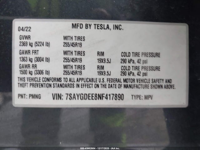43952804 :رقم المزاد ، 7SAYGDEE8NF417890 vin ، 2022 Tesla Model Y Long Range Dual Motor All-wheel Drive مزاد بيع