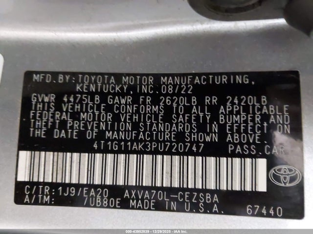 2023 Toyota Camry Se მანქანა იყიდება აუქციონზე, vin: 4T1G11AK3PU720747, აუქციონის ნომერი: 43952839