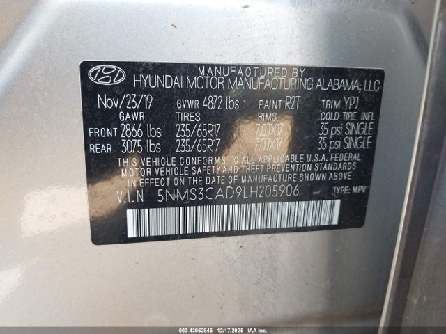 5NMS3CAD9LH205906 Hyundai Santa Fe Sel