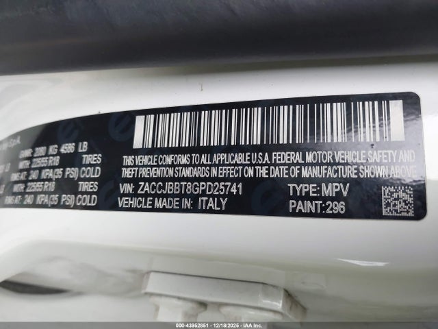 2016 Jeep Renegade Latitude მანქანა იყიდება აუქციონზე, vin: ZACCJBBT8GPD25741, აუქციონის ნომერი: 43952851